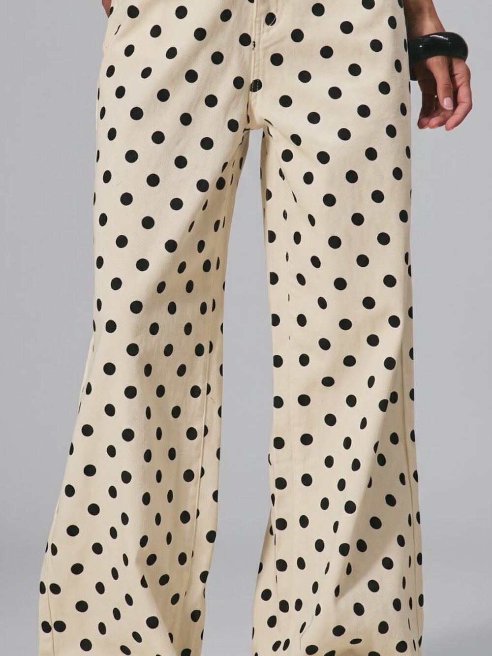 Women Off White Polka Dot Wide Leg Jeans Cotton High Waist Casual Pants - Picture 7 of 7